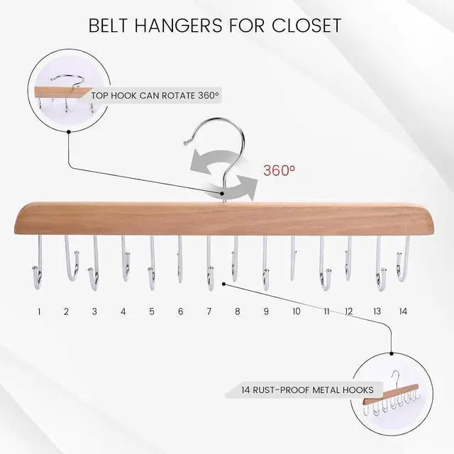 Alt view image 3 of 7 - JOHOUSE Belt Organizer for Closet Max 42 Belts, Wooden Sports Bra Hanger Tie Rack with 14 Hooks for Men Women Tank Top, Scarf Closet Storage