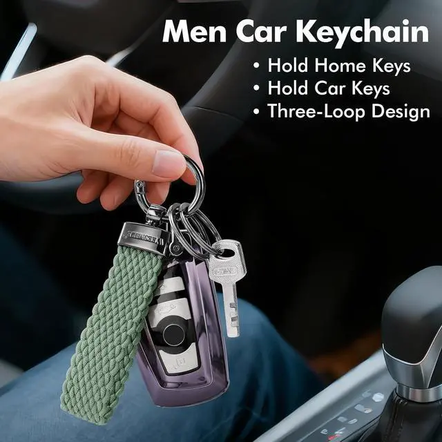 Alt view image 2 of 7 - WEESMILE Stretchy Car Keychain Nylon Cute Key Fob KeyChains for Women Men | Universal small keychain with 3 key rings, Anti-Lost d-Ring, Car Accessories, Short keychain holders for Home Car Keys