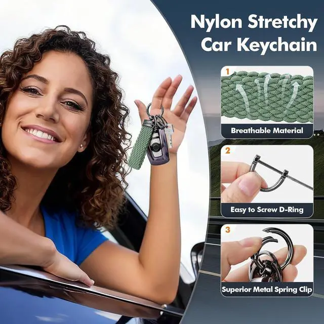 Alt view image 3 of 7 - WEESMILE Stretchy Car Keychain Nylon Cute Key Fob KeyChains for Women Men | Universal small keychain with 3 key rings, Anti-Lost d-Ring, Car Accessories, Short keychain holders for Home Car Keys