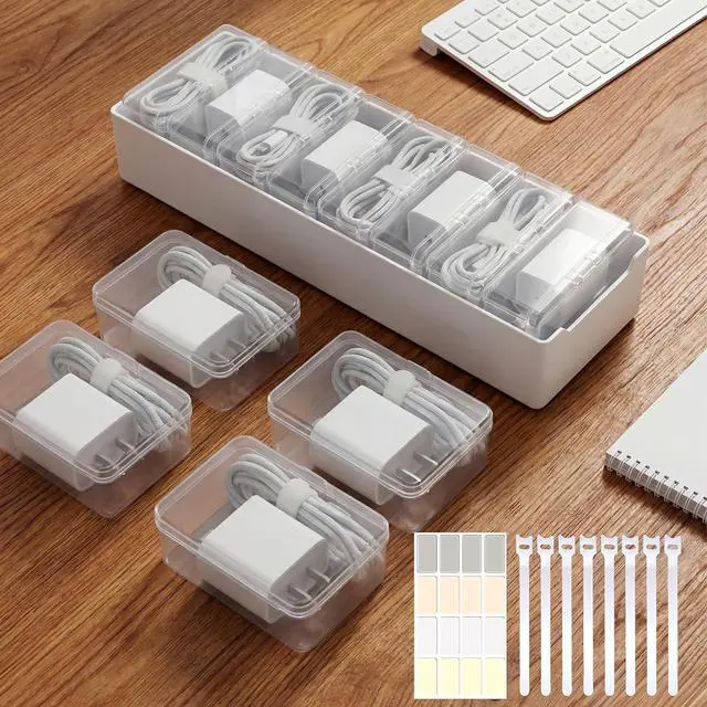 Main image of 8 Individual Cable Organizer Boxes With Base, Cord Storage Organizer With Labels And Cable Straps For Charging Cables, Adapters, Earphones (8 pcs Individual Cable, 1 Pack)