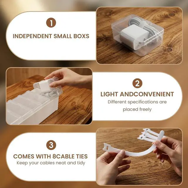 Alt view image 3 of 6 - 8 Individual Cable Organizer Boxes With Base, Cord Storage Organizer With Labels And Cable Straps For Charging Cables, Adapters, Earphones (8 pcs Individual Cable, 1 Pack)