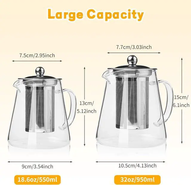 Alt view image 3 of 7 - Glass Teapot with Stainless Steel Infuser, Borosilicate Glass Tea Maker, Stovetop Safe (550ML)