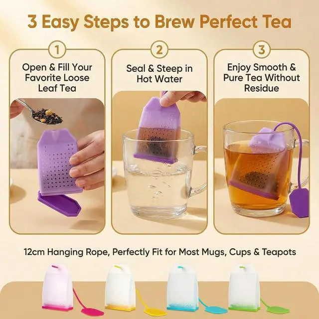 Alt view image 2 of 6 - 4 Pack Reusable Silicone Tea Bags Loose Leaf Tea Infuser Strainer Set Premium Tea Filter with Long Rope for Tea Cups Mugs and Teapots (Colors Random)