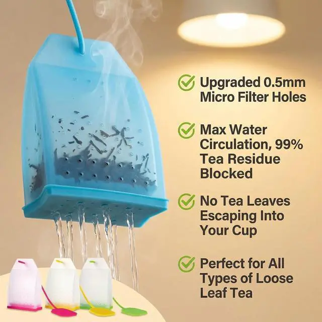 Alt view image 4 of 6 - 4 Pack Reusable Silicone Tea Bags Loose Leaf Tea Infuser Strainer Set Premium Tea Filter with Long Rope for Tea Cups Mugs and Teapots (Colors Random)