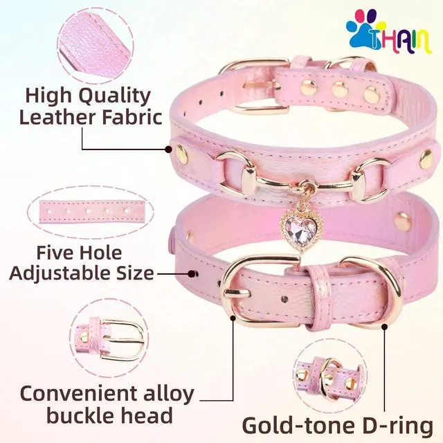 Alt view image 2 of 5 - THAIN Fashion Dog Collar with Bling Diamonds & Heart Charm 5 Holes Adjustable PU Leather Rhinestones Necklace Collar, Gold Buckle for Medium Dogs Girl (Pink, M)