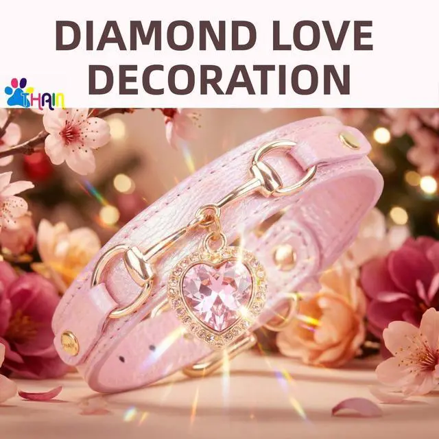 Alt view image 3 of 5 - THAIN Fashion Dog Collar with Bling Diamonds & Heart Charm 5 Holes Adjustable PU Leather Rhinestones Necklace Collar, Gold Buckle for Medium Dogs Girl (Pink, M)