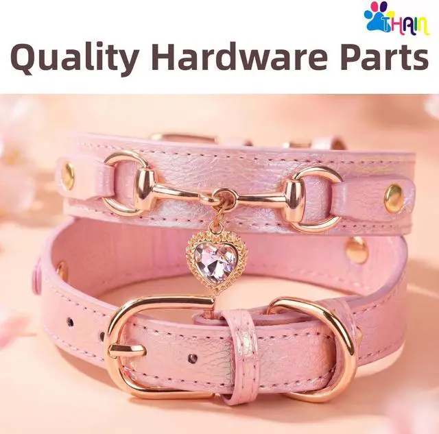 Alt view image 4 of 5 - THAIN Fashion Dog Collar with Bling Diamonds & Heart Charm 5 Holes Adjustable PU Leather Rhinestones Necklace Collar, Gold Buckle for Medium Dogs Girl (Pink, M)