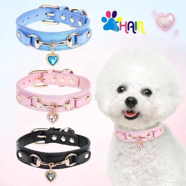 Alt view image 5 of 5 - THAIN Fashion Dog Collar with Bling Diamonds & Heart Charm 5 Holes Adjustable PU Leather Rhinestones Necklace Collar, Gold Buckle for Medium Dogs Girl (Pink, M)