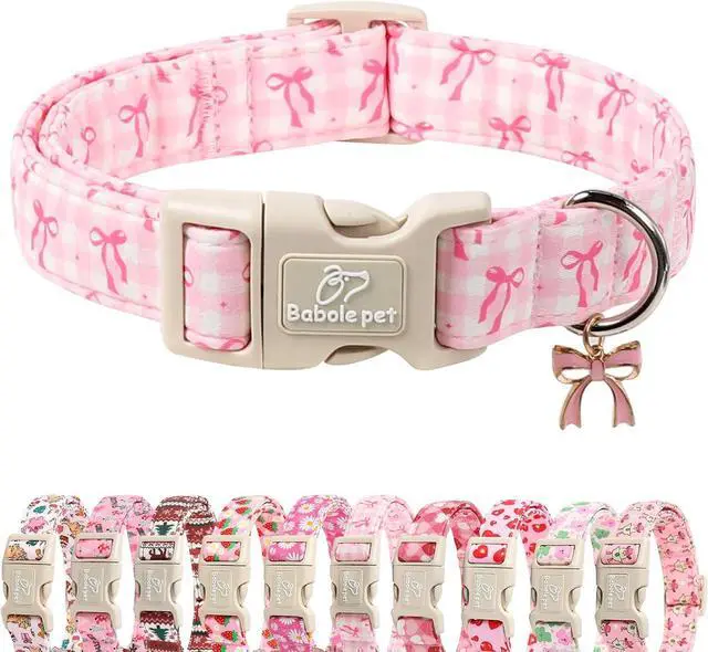 Main image of Girl Dog Collar for Puppy Small Dogs - Cute Pink Plaid & Bow Print Spring/Summer Puppy Collar, Soft Adjustable Holiday Female Dog Collars with Quick Release Buckle XS