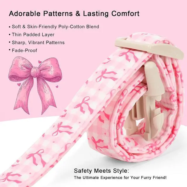 Alt view image 3 of 7 - Girl Dog Collar for Puppy Small Dogs - Cute Pink Plaid & Bow Print Spring/Summer Puppy Collar, Soft Adjustable Holiday Female Dog Collars with Quick Release Buckle XS