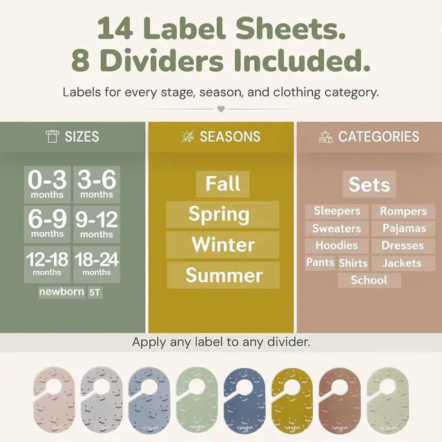 Alt view image 3 of 7 - Baby Closet Size Dividers with Reusable Labels, 8 Pack | Customize 8 closet dividers with labels for baby sizes, clothing types, or seasons as your childs wardrobe grows