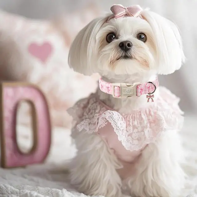 Alt view image 7 of 7 - Girl Dog Collar for Puppy Small Dogs - Cute Pink Plaid & Bow Print Spring/Summer Puppy Collar, Soft Adjustable Holiday Female Dog Collars with Quick Release Buckle XS