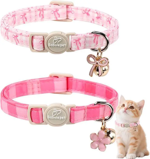 Main image of 2 Pack Pink Cat Collars - Spring Summer Breakaway Cat Collar with Bell, Bow and Flower Pendant, Adjustable Kitten Collars for Girl Cats, Cute Pink Plaid &Bow