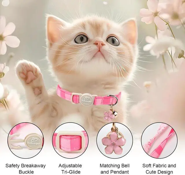 Alt view image 3 of 6 - 2 Pack Pink Cat Collars - Spring Summer Breakaway Cat Collar with Bell, Bow and Flower Pendant, Adjustable Kitten Collars for Girl Cats, Cute Pink Plaid &Bow