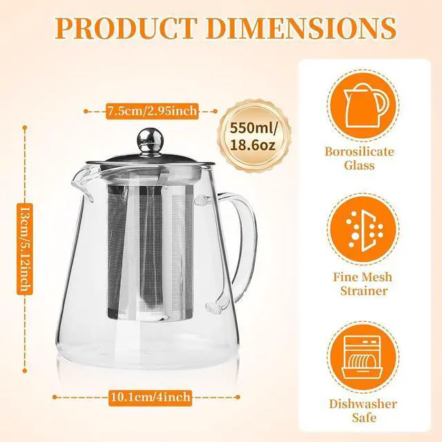 Alt view image 3 of 7 - Glass Teapot with Stainless Steel Infuser, Borosilicate Tea Kettle, Clear Tea Maker for Loose Leaf Tea (550ML)