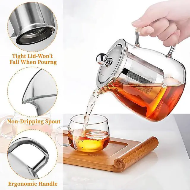 Alt view image 5 of 7 - Glass Teapot with Stainless Steel Infuser, Borosilicate Tea Kettle, Clear Tea Maker for Loose Leaf Tea (550ML)