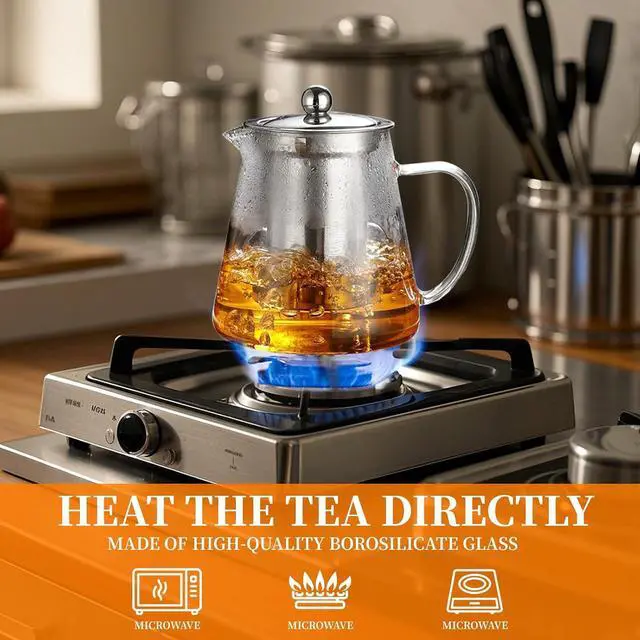 Alt view image 6 of 7 - Glass Teapot with Stainless Steel Infuser, Borosilicate Tea Kettle, Clear Tea Maker for Loose Leaf Tea (550ML)
