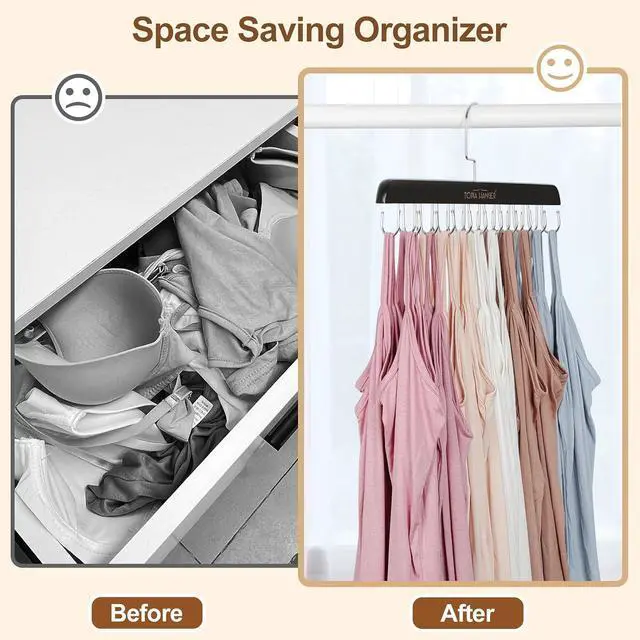 Alt view image 3 of 6 - TOPIA HANGER Bra Hanger for Closet, Tank Top Hangers Space Saving Black | 20 Foldable Hooks, 360°Rotating Hooks, Easy to Install, Durable Solid Wood, Space Saving Storage for Bras, Tank Tops, Belts