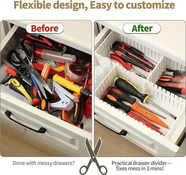 Alt view image 3 of 7 - Adjustable Drawer Dividers, Cut-to-Fit DIY Organizers, White, 8 Pack | For Tidying Cutlery, Makeup, Clothes and Dresses in Drawers, Desks and Storage Boxes for Kitchen, Bathroom, Bedroom & Office