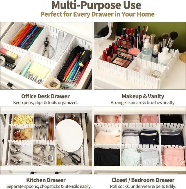 Alt view image 4 of 7 - Adjustable Drawer Dividers, Cut-to-Fit DIY Organizers, White, 8 Pack | For Tidying Cutlery, Makeup, Clothes and Dresses in Drawers, Desks and Storage Boxes for Kitchen, Bathroom, Bedroom & Office