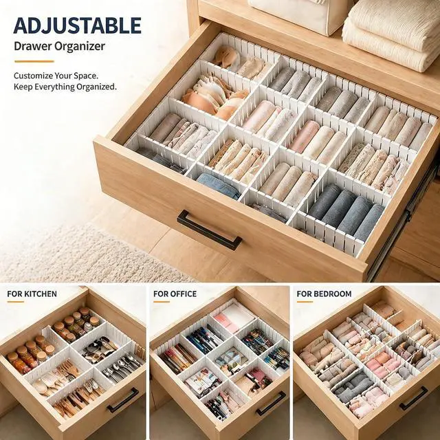 Alt view image 7 of 7 - Adjustable Drawer Dividers, Cut-to-Fit DIY Organizers, White, 8 Pack | For Tidying Cutlery, Makeup, Clothes and Dresses in Drawers, Desks and Storage Boxes for Kitchen, Bathroom, Bedroom & Office