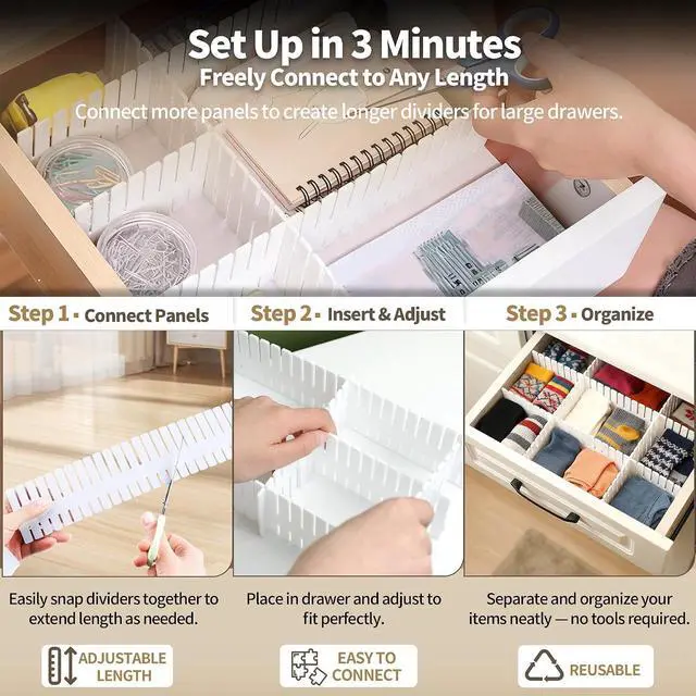 Alt view image 6 of 7 - Adjustable Drawer Dividers, Cut-to-Fit DIY Organizers, White, 8 Pack | For Tidying Cutlery, Makeup, Clothes and Dresses in Drawers, Desks and Storage Boxes for Kitchen, Bathroom, Bedroom & Office