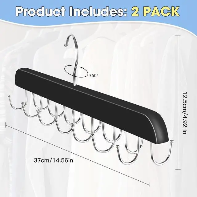 Alt view image 2 of 7 - Dntorx Hat Hangers for Closet, 2 Pack Cap Organizer with 20 Hooks, Black | No Assembly, Double-Sided Hardwood Design, 360° Swivel Hook, For Caps, Belts, Ties, Scarves, And Bags