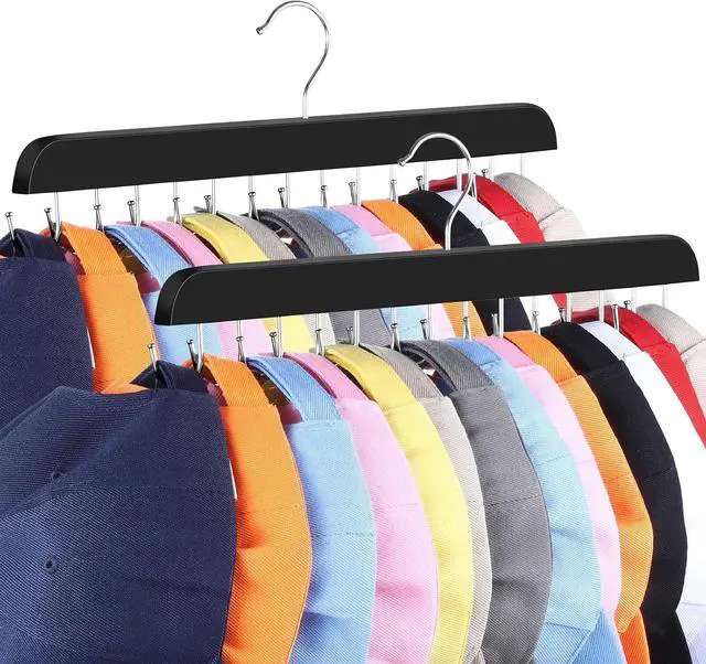 Main image of Dntorx Hat Hangers for Closet, 2 Pack Cap Organizer with 20 Hooks, Black | No Assembly, Double-Sided Hardwood Design, 360° Swivel Hook, For Caps, Belts, Ties, Scarves, And Bags
