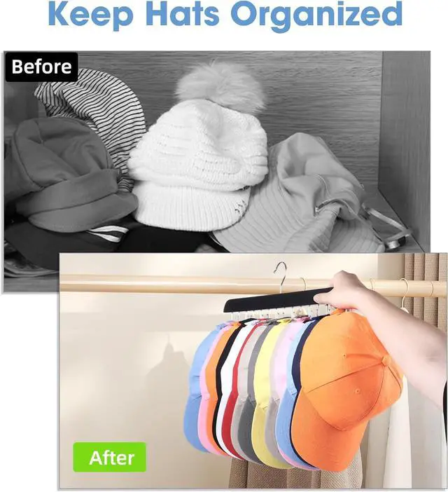 Alt view image 7 of 7 - Dntorx Hat Hangers for Closet, 2 Pack Cap Organizer with 20 Hooks, Black | No Assembly, Double-Sided Hardwood Design, 360° Swivel Hook, For Caps, Belts, Ties, Scarves, And Bags