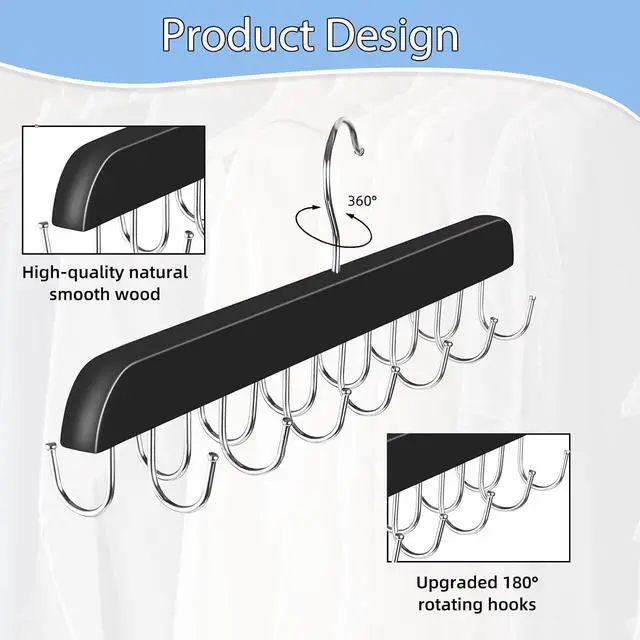 Alt view image 5 of 7 - Dntorx Hat Hangers for Closet, 2 Pack Cap Organizer with 20 Hooks, Black | No Assembly, Double-Sided Hardwood Design, 360° Swivel Hook, For Caps, Belts, Ties, Scarves, And Bags