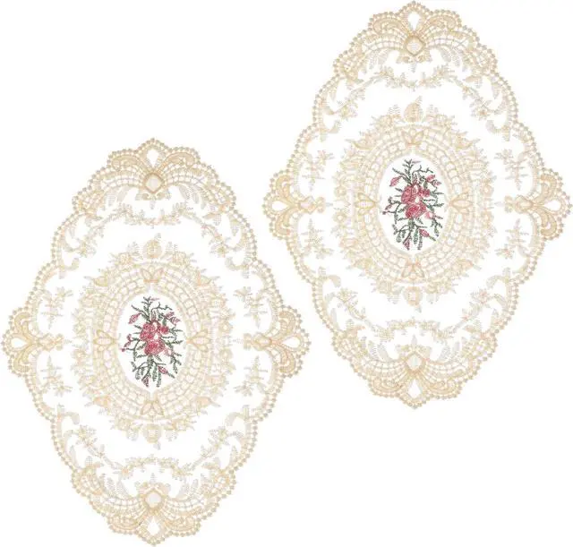 Main image of 2 Pcs Lace Doilies for Tables, Beige Embroidered Placemats Mats | Elegant Retro Cup Mats for Heat Insulation, Desktop Decoration & Home Kitchen Accents