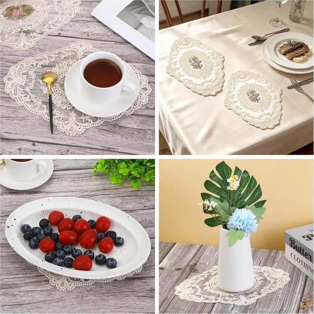 Alt view image 4 of 7 - 2 Pcs Lace Doilies for Tables, Beige Embroidered Placemats Mats | Elegant Retro Cup Mats for Heat Insulation, Desktop Decoration & Home Kitchen Accents