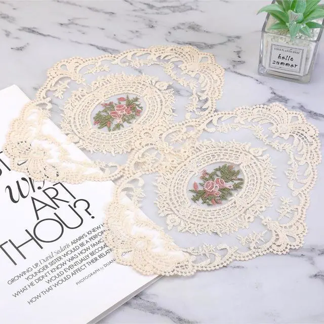Alt view image 6 of 7 - 2 Pcs Lace Doilies for Tables, Beige Embroidered Placemats Mats | Elegant Retro Cup Mats for Heat Insulation, Desktop Decoration & Home Kitchen Accents