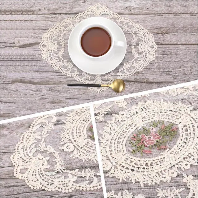 Alt view image 3 of 7 - 2 Pcs Lace Doilies for Tables, Beige Embroidered Placemats Mats | Elegant Retro Cup Mats for Heat Insulation, Desktop Decoration & Home Kitchen Accents