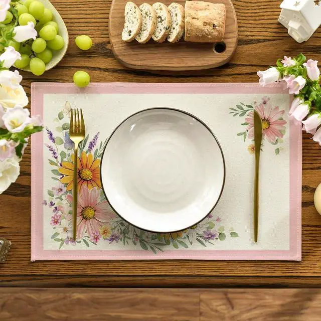 Alt view image 2 of 7 - Artoid Mode Pink Sunflowers Butterfly Spring Placemats Set of 4, 12x18 Inch Seasonal Summer Holiday Table Mats for Party Kitchen Dining Decoration