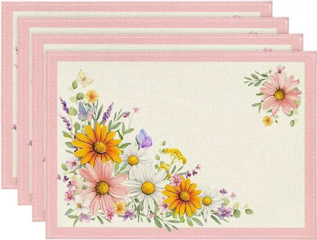 Main image of Artoid Mode Pink Sunflowers Butterfly Spring Placemats Set of 4, 12x18 Inch Seasonal Summer Holiday Table Mats for Party Kitchen Dining Decoration