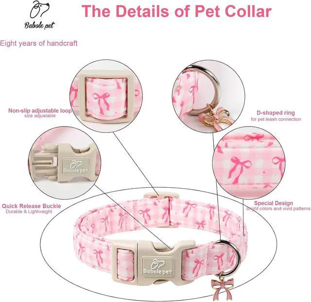 Alt view image 4 of 7 - Girl Dog Collar for Puppy Small Dogs - Cute Pink Plaid & Bow Print Spring/Summer Puppy Collar, Soft Adjustable Holiday Female Dog Collars with Quick Release Buckle XS