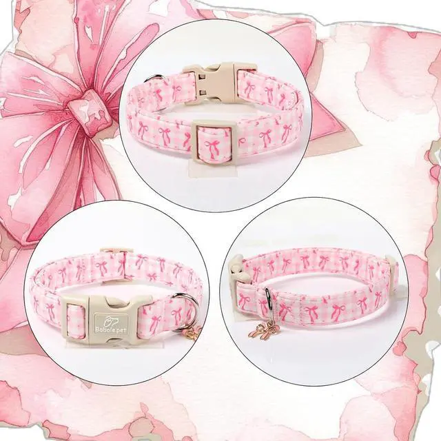 Alt view image 5 of 7 - Girl Dog Collar for Puppy Small Dogs - Cute Pink Plaid & Bow Print Spring/Summer Puppy Collar, Soft Adjustable Holiday Female Dog Collars with Quick Release Buckle XS