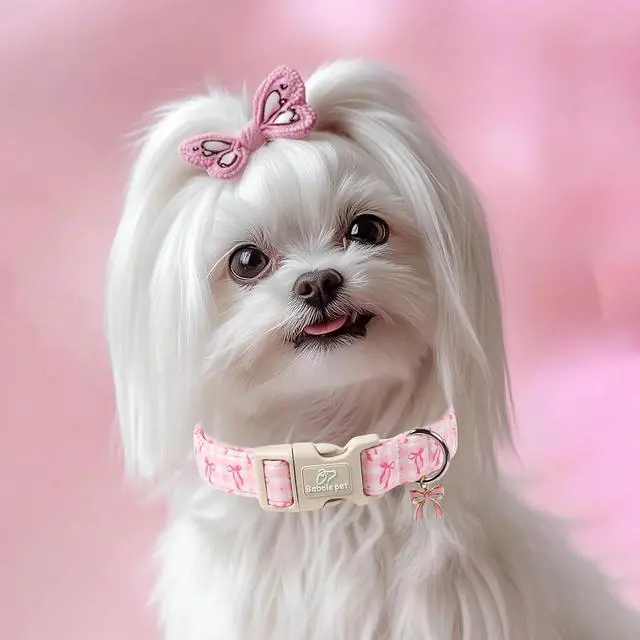 Alt view image 2 of 7 - Girl Dog Collar for Puppy Small Dogs - Cute Pink Plaid & Bow Print Spring/Summer Puppy Collar, Soft Adjustable Holiday Female Dog Collars with Quick Release Buckle XS