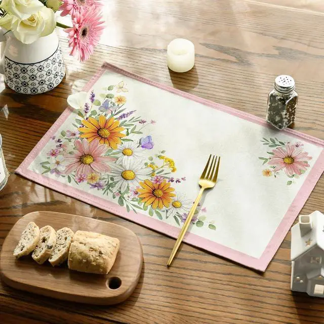 Alt view image 4 of 7 - Artoid Mode Pink Sunflowers Butterfly Spring Placemats Set of 4, 12x18 Inch Seasonal Summer Holiday Table Mats for Party Kitchen Dining Decoration