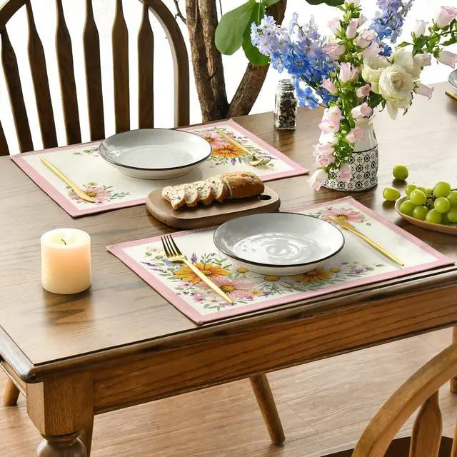 Alt view image 3 of 7 - Artoid Mode Pink Sunflowers Butterfly Spring Placemats Set of 4, 12x18 Inch Seasonal Summer Holiday Table Mats for Party Kitchen Dining Decoration