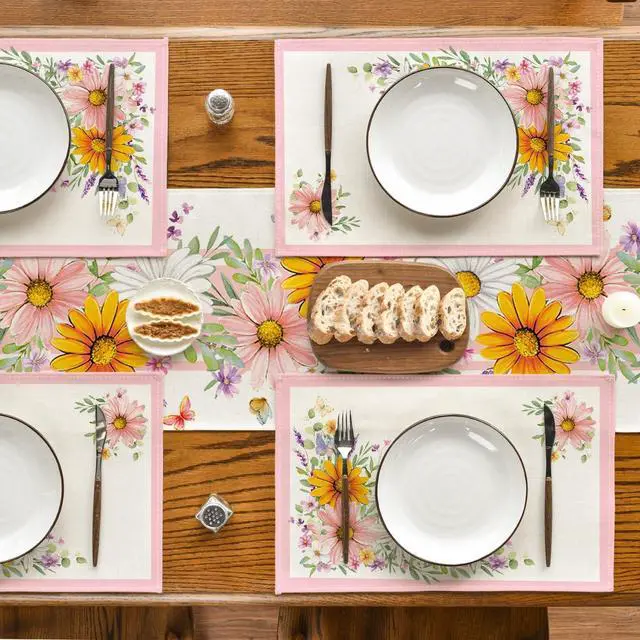 Alt view image 6 of 7 - Artoid Mode Pink Sunflowers Butterfly Spring Placemats Set of 4, 12x18 Inch Seasonal Summer Holiday Table Mats for Party Kitchen Dining Decoration