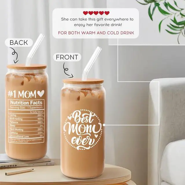 Alt view image 3 of 7 - Frerdui Birthday Gifts for Mom, Mothers Day Gifts from Daughter Son Kids, Best Mom Ever Mama 18oz Glass Cup Coffee Water Bottle with Bamboo Lid and Straw, Gift for Mom Women, Christmas Gift for Mommy