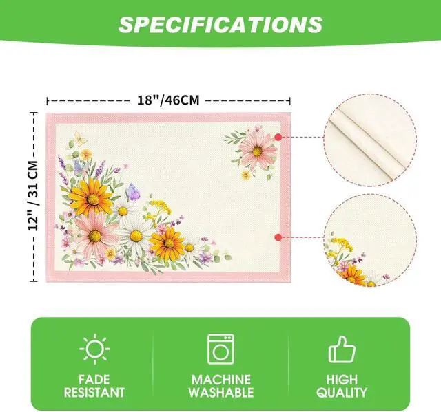 Alt view image 7 of 7 - Artoid Mode Pink Sunflowers Butterfly Spring Placemats Set of 4, 12x18 Inch Seasonal Summer Holiday Table Mats for Party Kitchen Dining Decoration