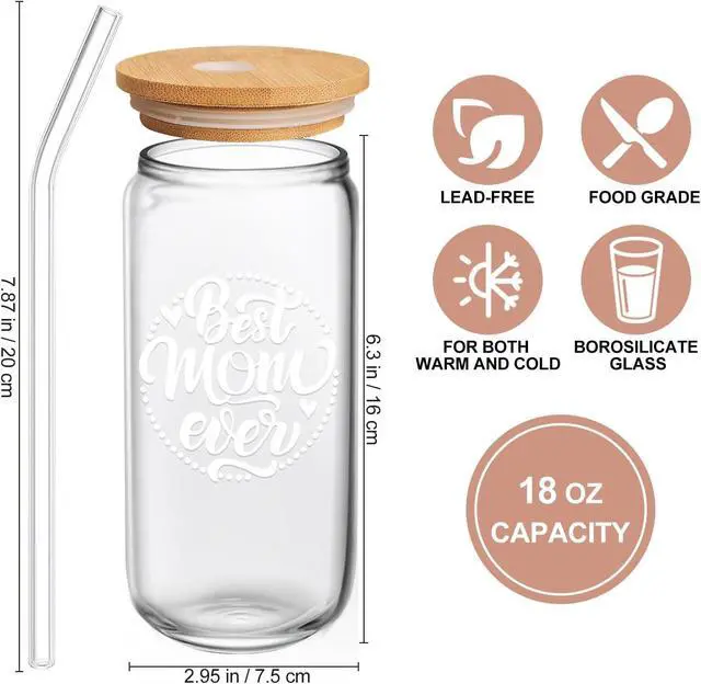 Alt view image 2 of 7 - Frerdui Birthday Gifts for Mom, Mothers Day Gifts from Daughter Son Kids, Best Mom Ever Mama 18oz Glass Cup Coffee Water Bottle with Bamboo Lid and Straw, Gift for Mom Women, Christmas Gift for Mommy