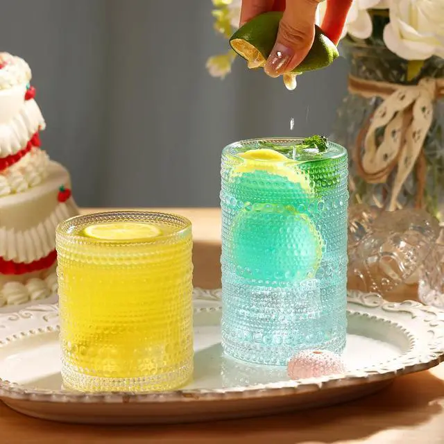 Alt view image 2 of 7 - Moretoes 2pcs Hobnail Drinking Glasses,Vintage Glass Cups Set | 12 Oz Highball Glasses & 10 Oz Cocktail Glasses, Clear Embossed Tumbler Glassware Set for Whiskey, Beer, Juice, Milk