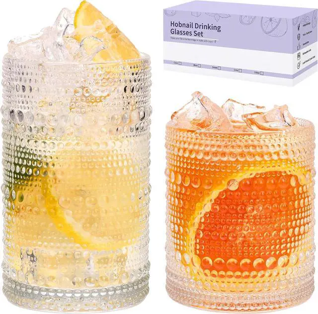 Main image of Moretoes 2pcs Hobnail Drinking Glasses,Vintage Glass Cups Set | 12 Oz Highball Glasses & 10 Oz Cocktail Glasses, Clear Embossed Tumbler Glassware Set for Whiskey, Beer, Juice, Milk