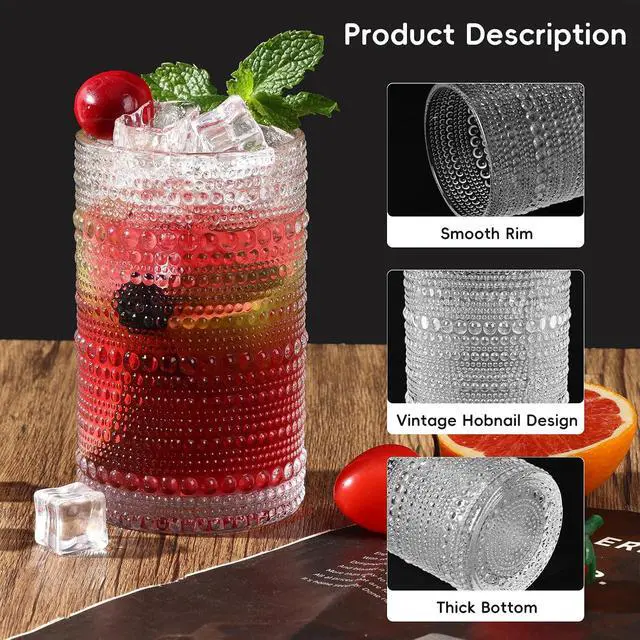 Alt view image 5 of 7 - Moretoes 2pcs Hobnail Drinking Glasses,Vintage Glass Cups Set | 12 Oz Highball Glasses & 10 Oz Cocktail Glasses, Clear Embossed Tumbler Glassware Set for Whiskey, Beer, Juice, Milk
