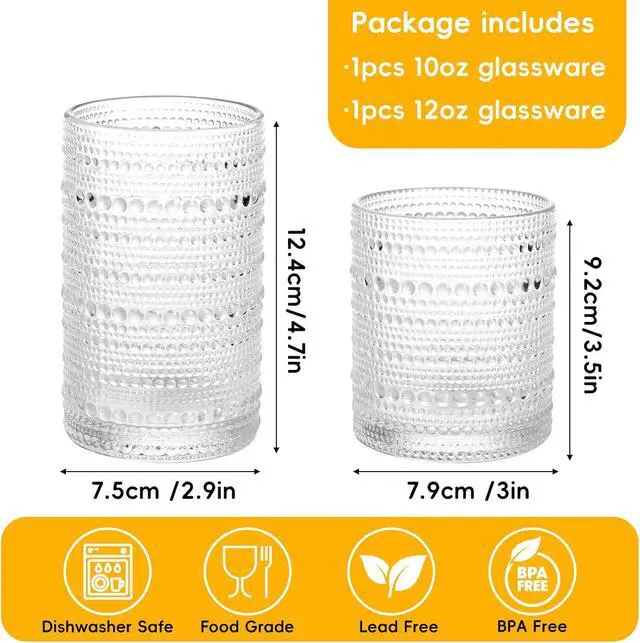 Alt view image 3 of 7 - Moretoes 2pcs Hobnail Drinking Glasses,Vintage Glass Cups Set | 12 Oz Highball Glasses & 10 Oz Cocktail Glasses, Clear Embossed Tumbler Glassware Set for Whiskey, Beer, Juice, Milk