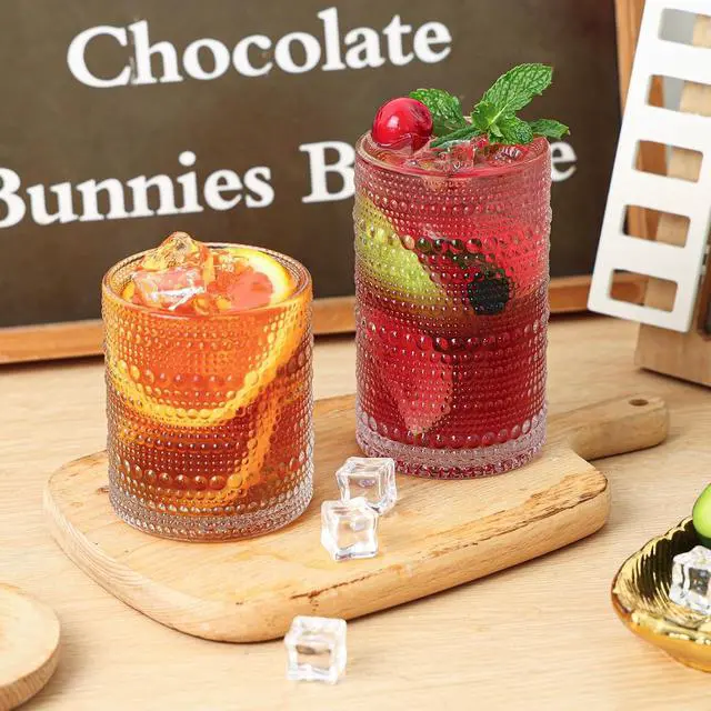 Alt view image 6 of 7 - Moretoes 2pcs Hobnail Drinking Glasses,Vintage Glass Cups Set | 12 Oz Highball Glasses & 10 Oz Cocktail Glasses, Clear Embossed Tumbler Glassware Set for Whiskey, Beer, Juice, Milk